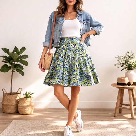 L.L. Bean Dresses & Skirts - LL Bean Size L / 12‎ Floral Butterfly Corduroy Tiered Ruffle Skirt Blue Green